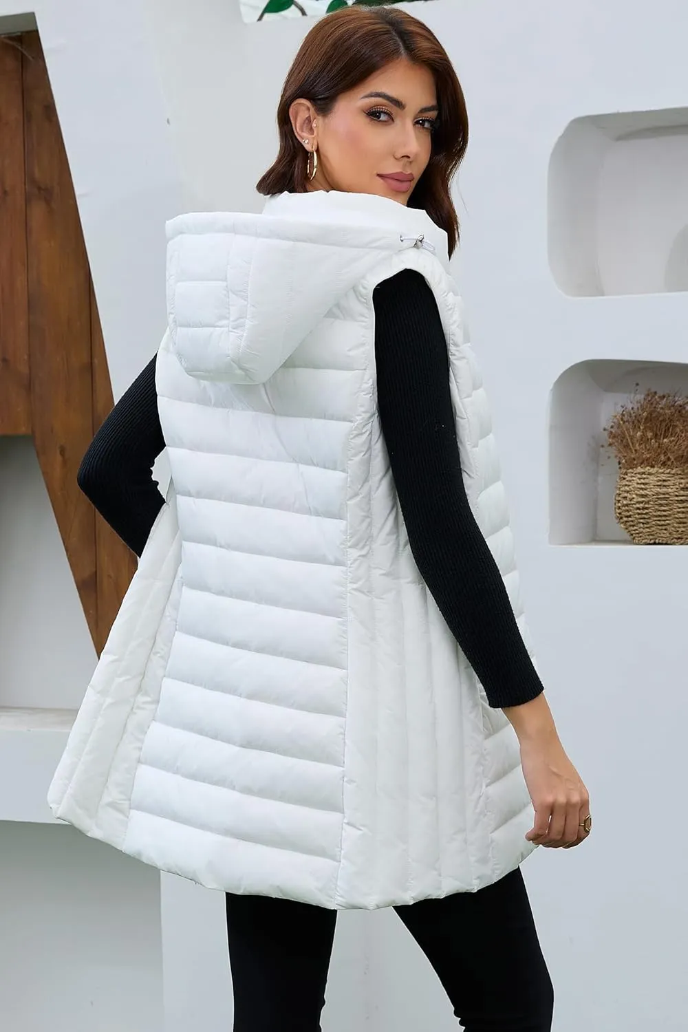 Long Puffer Vest for Women with Hood Lightweight Packable Sleeveless Down Vest for Spring, Fall & Winter