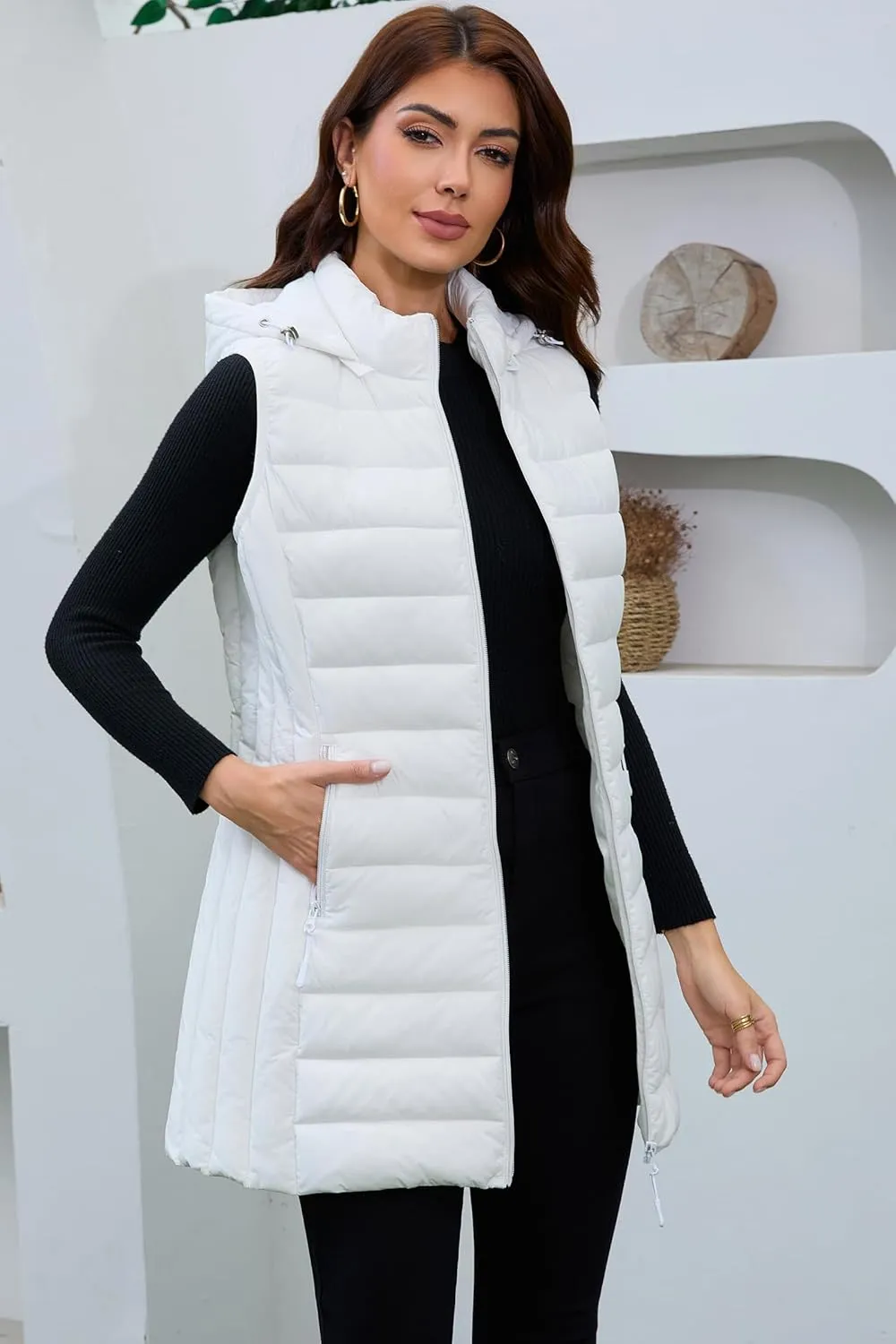 Long Puffer Vest for Women with Hood Lightweight Packable Sleeveless Down Vest for Spring, Fall & Winter
