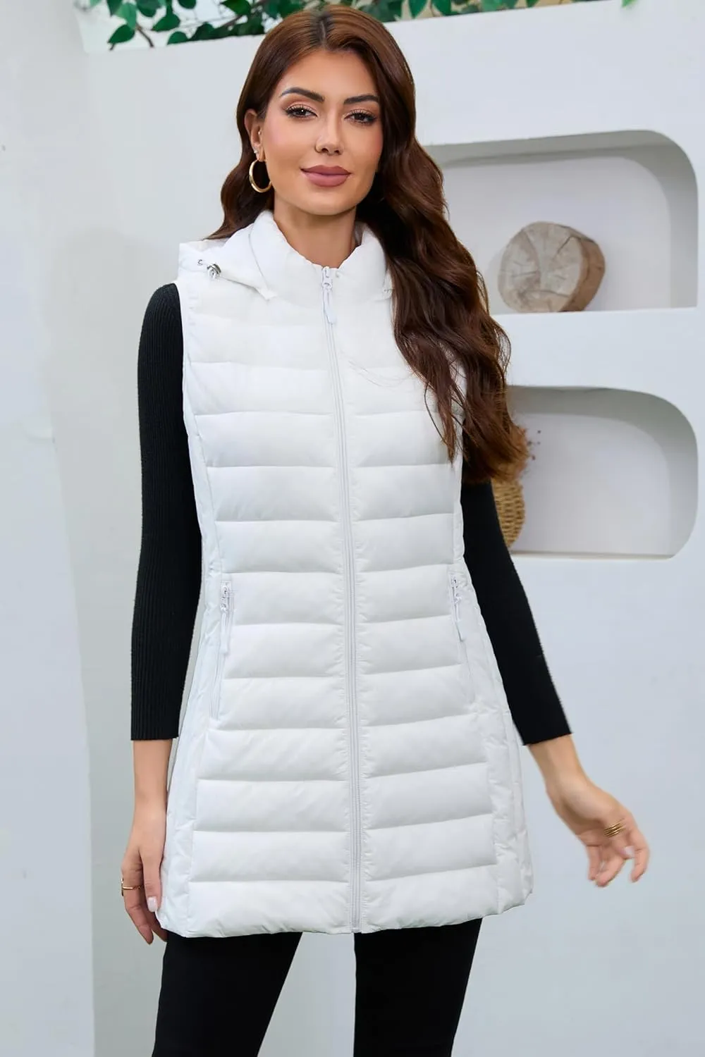 Long Puffer Vest for Women with Hood Lightweight Packable Sleeveless Down Vest for Spring, Fall & Winter
