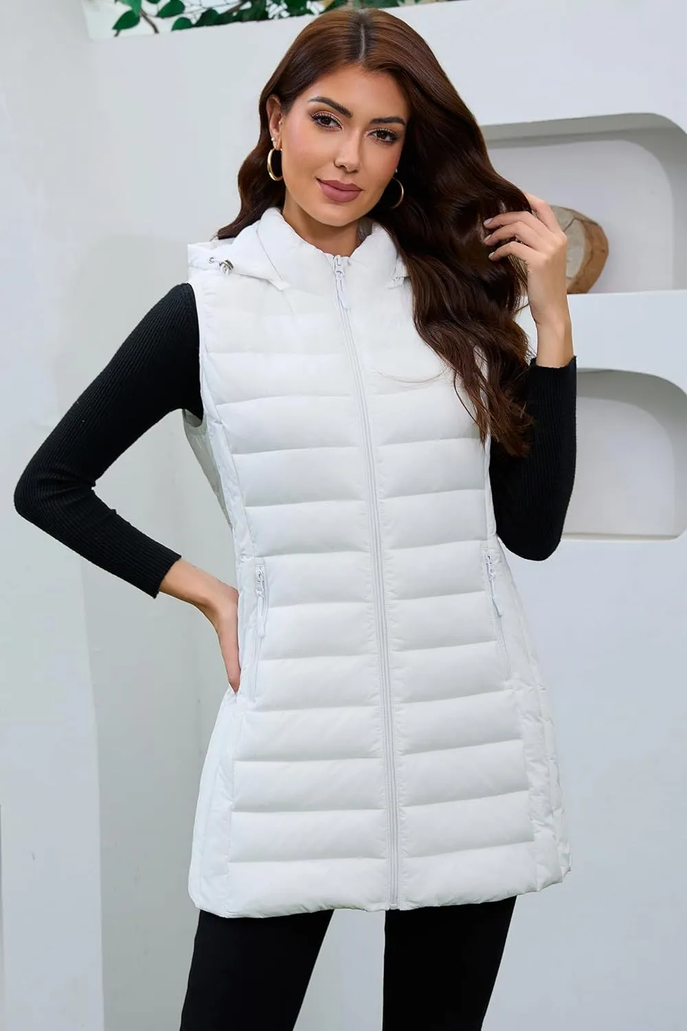 Long Puffer Vest for Women with Hood Lightweight Packable Sleeveless Down Vest for Spring, Fall & Winter