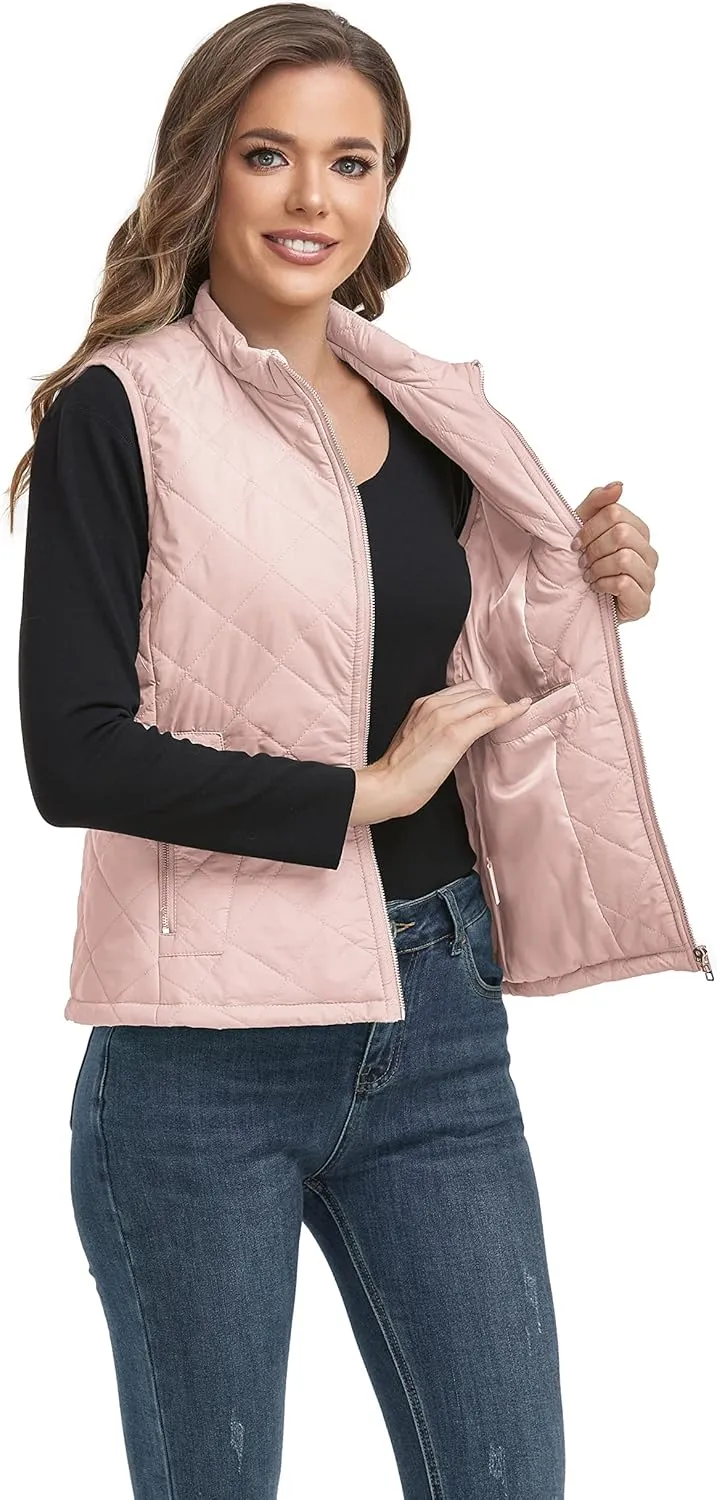 LONGKING 2025 Upgraded, Women's Outwear Vest With One Inner Pocket - Stand Collar Lightweight Zip Quilted Vest for Women