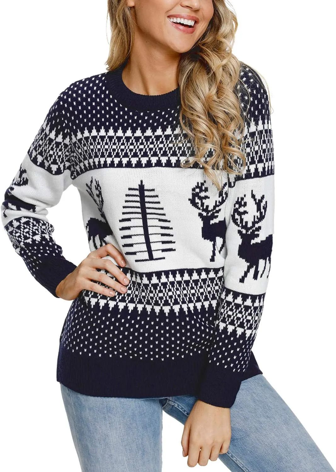 LookbookStore Women Ugly Christmas Tree Reindeer Holiday Knit Sweater Pullover
