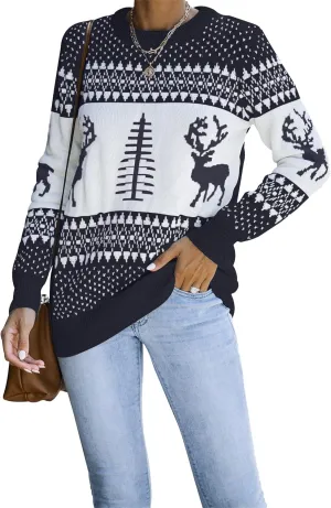 LookbookStore Women Ugly Christmas Tree Reindeer Holiday Knit Sweater Pullover