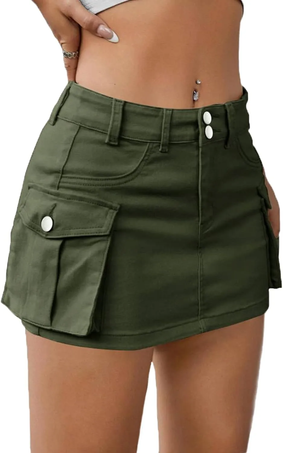 Low Waist Cargo Skirt Women Button Mini Cargo Denim Skirt with Pocket Mini Skirt