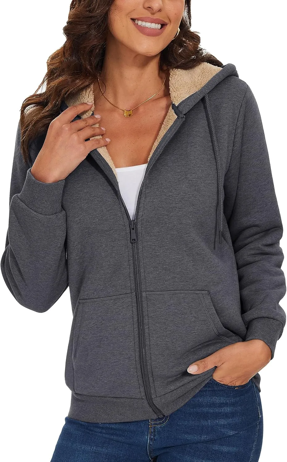 MAGCOMSEN Womens Zip Up Hoodies Sherpa Lined Fleece Thermal Jacket Full Zip Winter Warm Casual Thick Coats Pockets