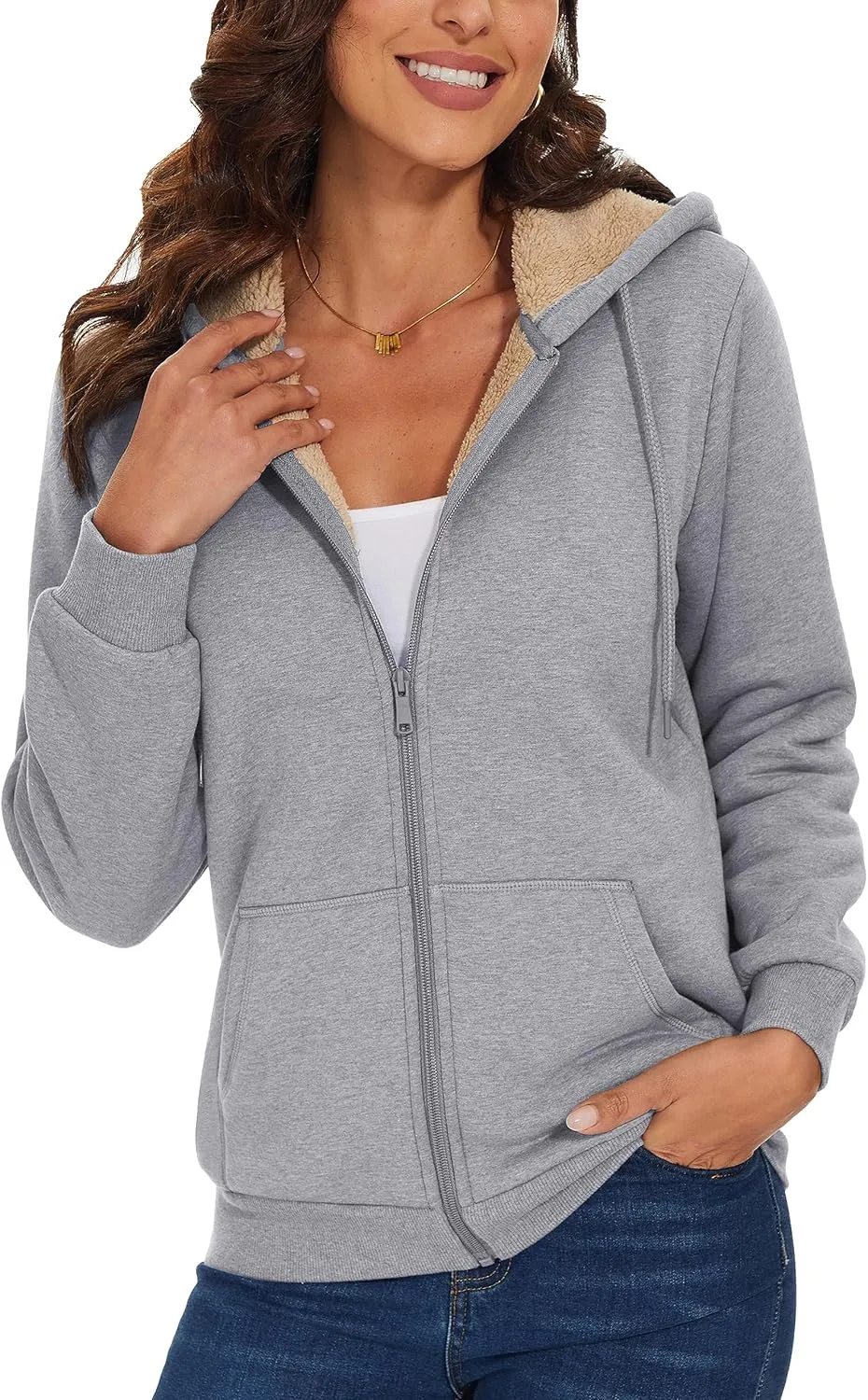 MAGCOMSEN Womens Zip Up Hoodies Sherpa Lined Fleece Thermal Jacket Full Zip Winter Warm Casual Thick Coats Pockets