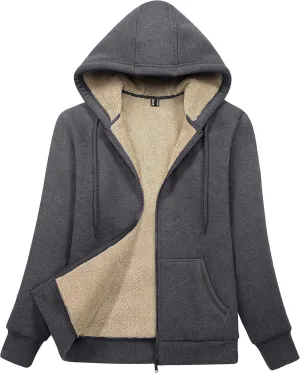 MAGCOMSEN Womens Zip Up Hoodies Sherpa Lined Fleece Thermal Jacket Full Zip Winter Warm Casual Thick Coats Pockets