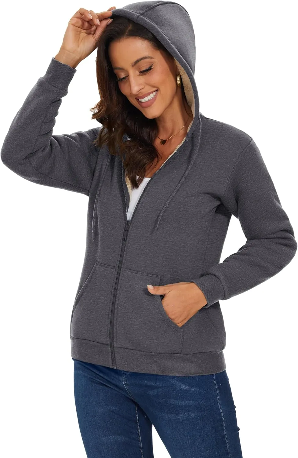 MAGCOMSEN Womens Zip Up Hoodies Sherpa Lined Fleece Thermal Jacket Full Zip Winter Warm Casual Thick Coats Pockets