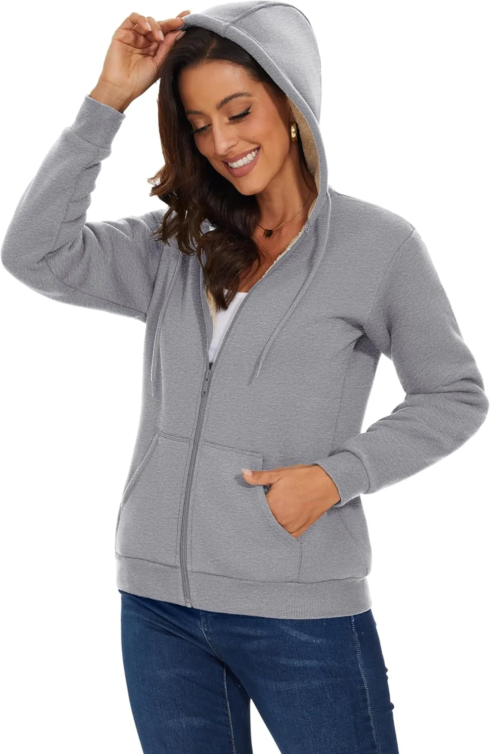 MAGCOMSEN Womens Zip Up Hoodies Sherpa Lined Fleece Thermal Jacket Full Zip Winter Warm Casual Thick Coats Pockets