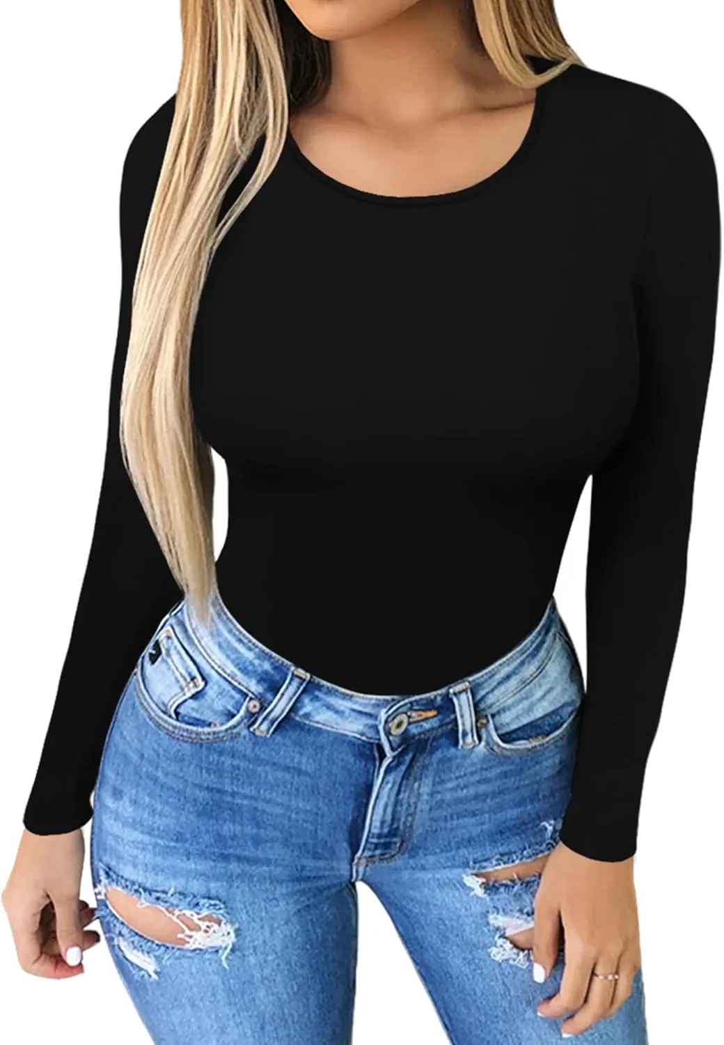 MANGOPOP Round Neck Short Sleeve Long Sleeve Bodysuits for Women Basic Body Suit Shirts Tops