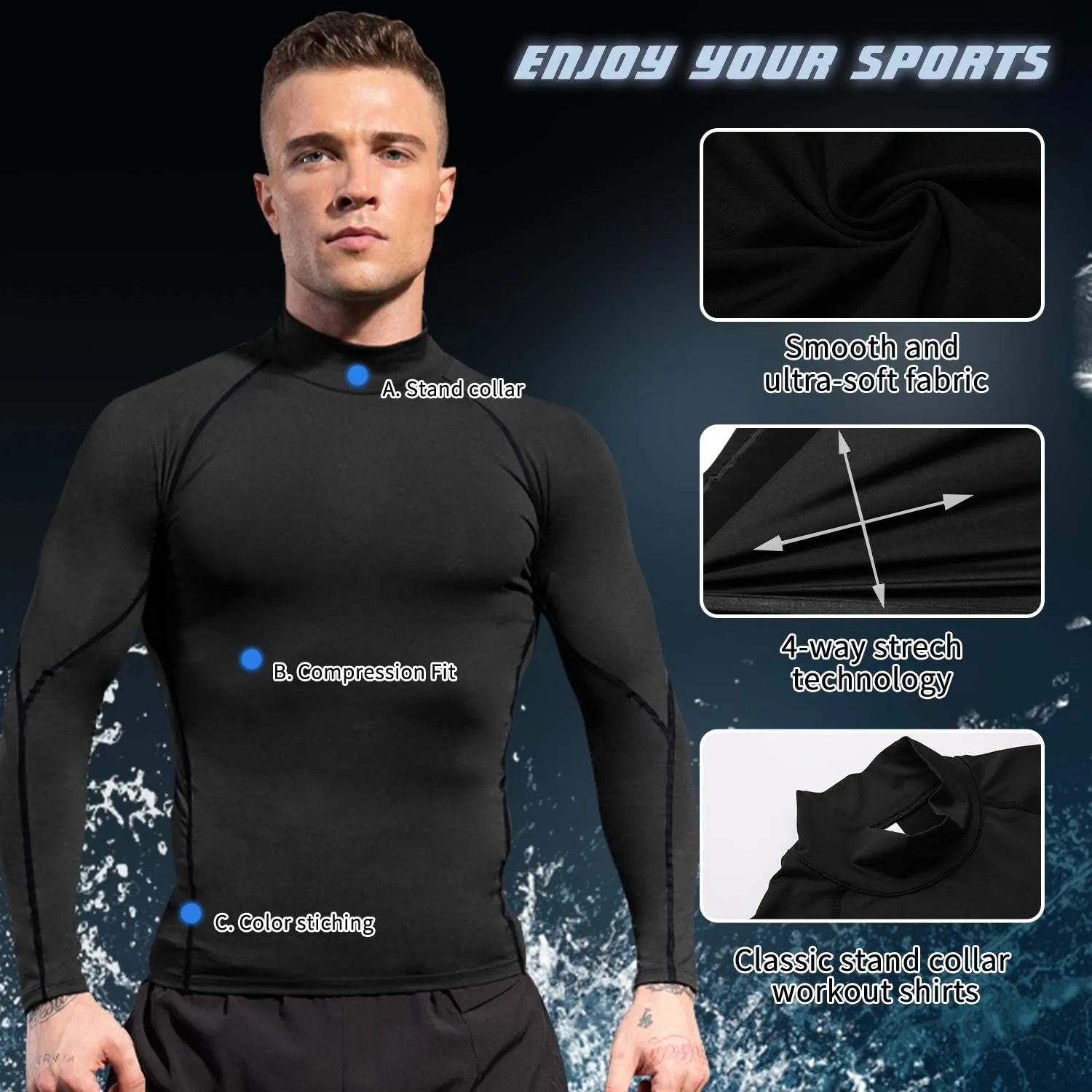 Men's Athletic Compression Shirts Long Sleeve Workout T-Shirt Mock Turtleneck Base Layer Undershirt Tops