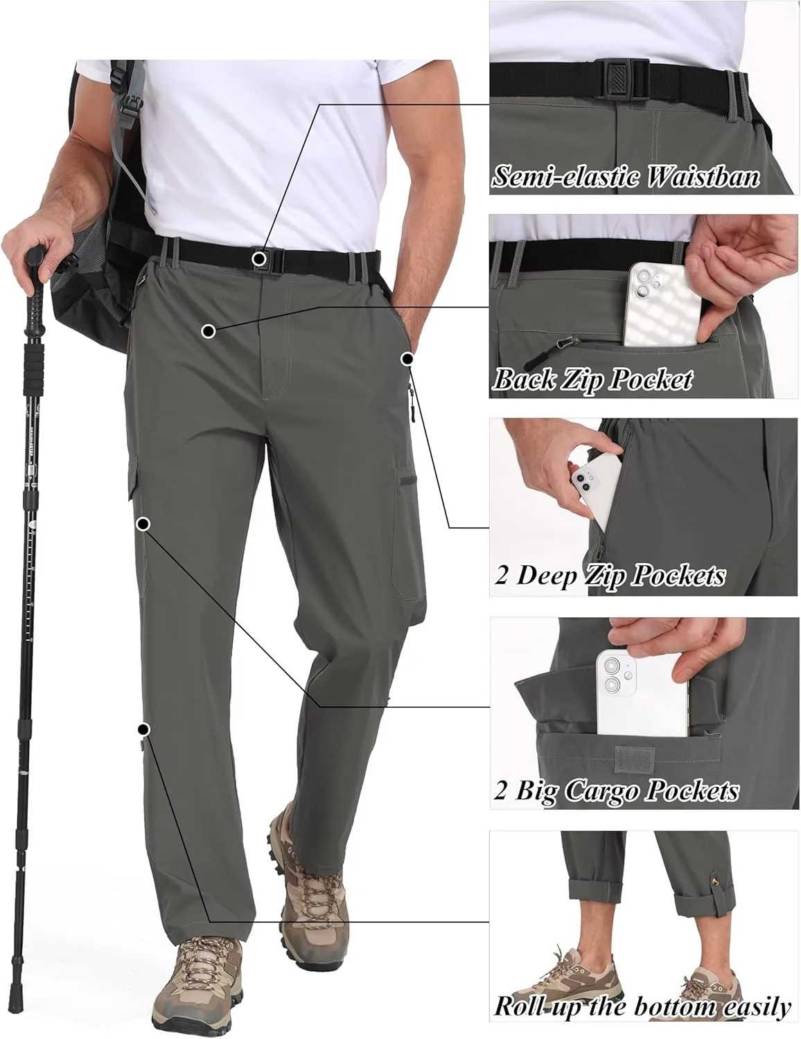 Men's Hiking Cargo Pants Lightweight Tactical Pants Waterproof Travel Work Outdoor Pants with Belt Multi Pockets