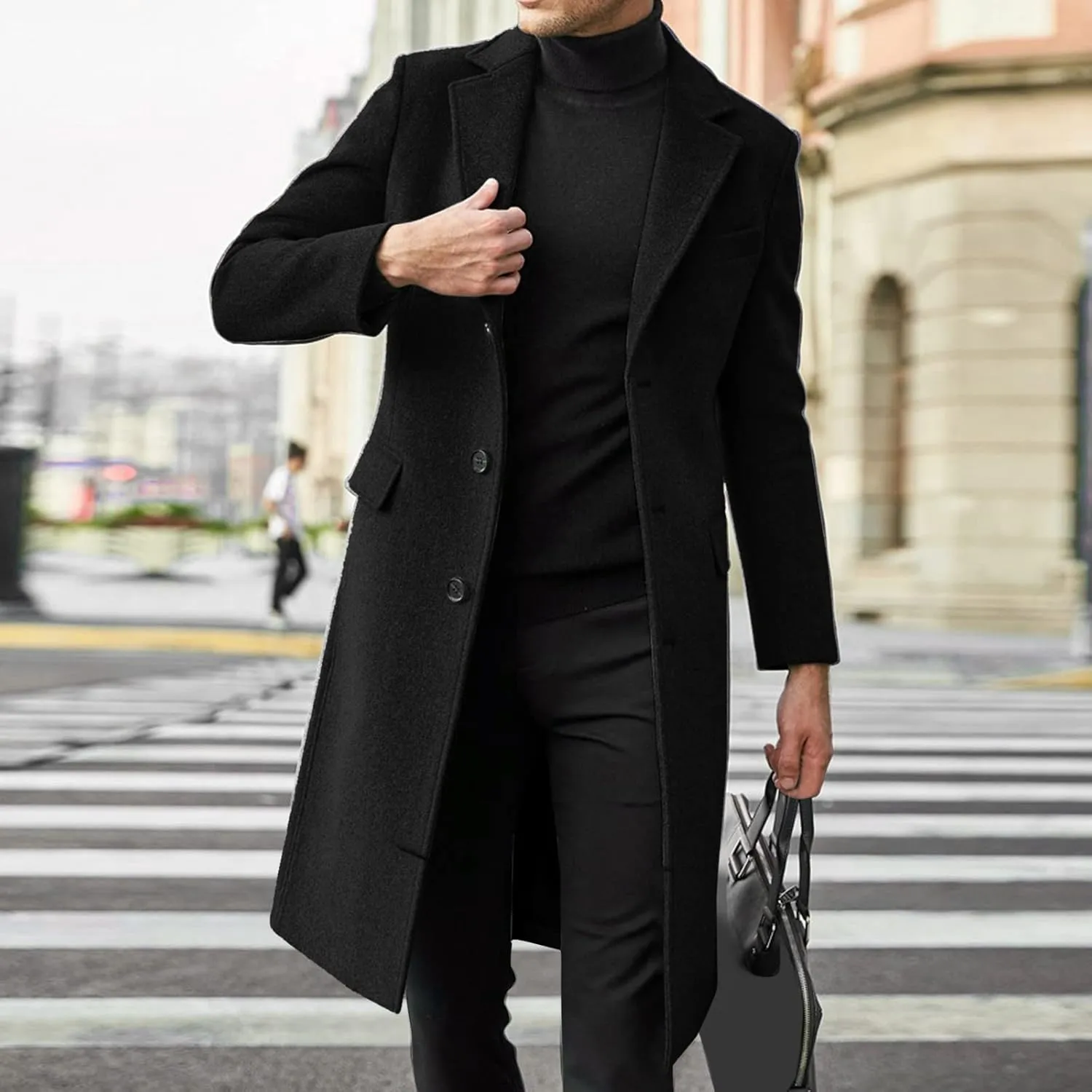 Mens Single Breasted Trench Coat Winter Wool Blend Pea Coat Oversized Warm Lapel Work Business Jacket Outerwear