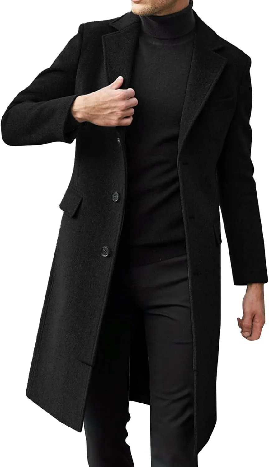 Mens Single Breasted Trench Coat Winter Wool Blend Pea Coat Oversized Warm Lapel Work Business Jacket Outerwear