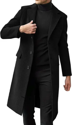 Mens Single Breasted Trench Coat Winter Wool Blend Pea Coat Oversized Warm Lapel Work Business Jacket Outerwear