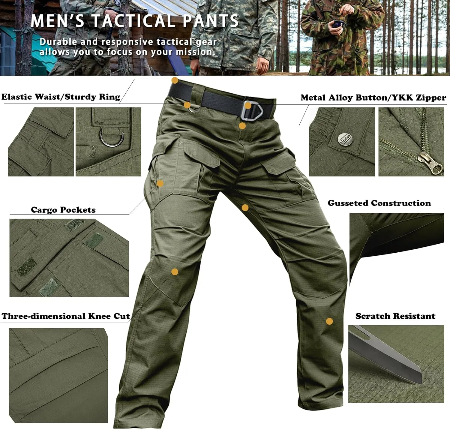 Men's Stretch Tactical Pants Water Resistant Ripstop Cargo Pants Outdoor Lightweight EDC Work Hiking Pants