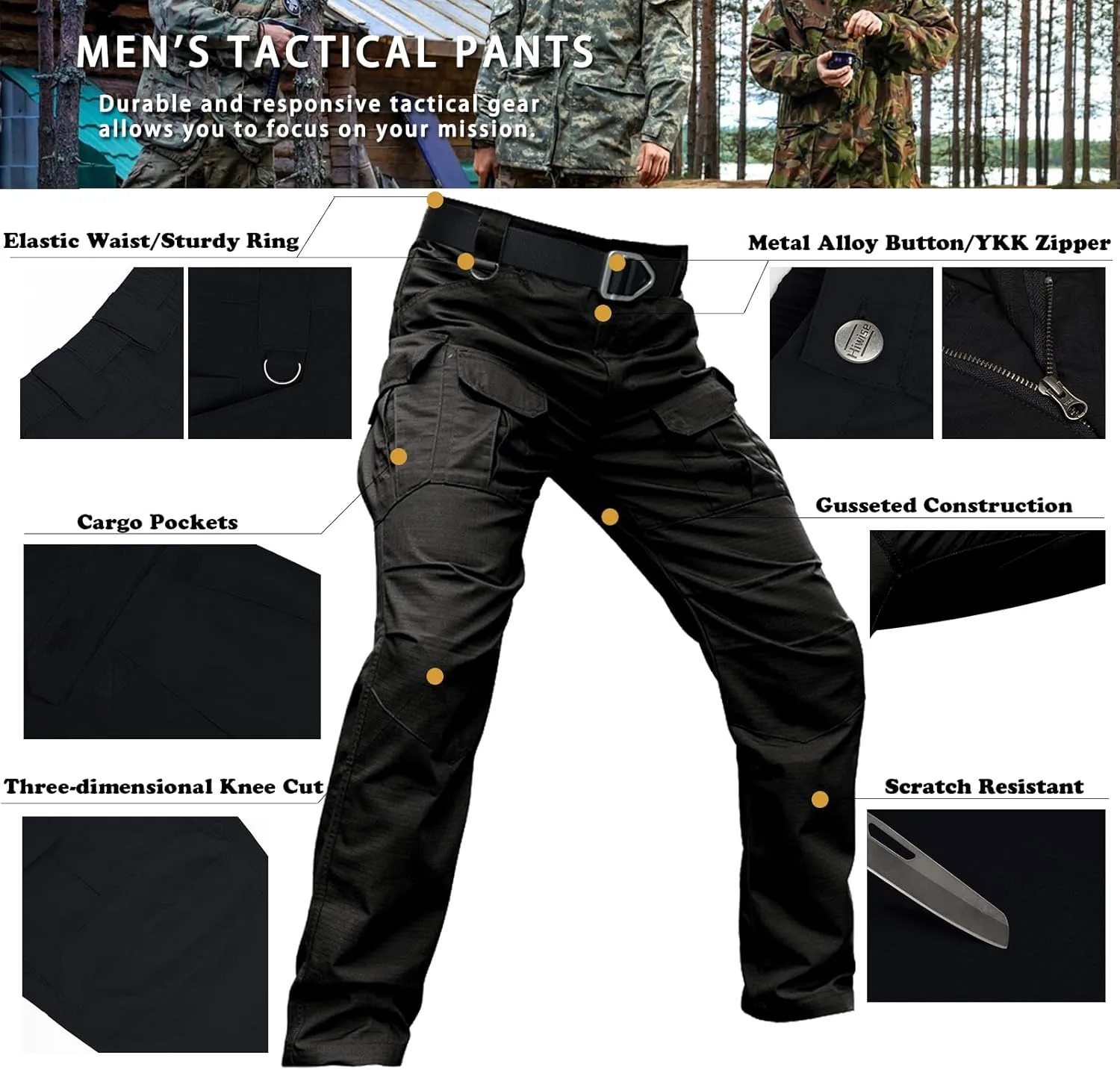 Men's Stretch Tactical Pants Water Resistant Ripstop Cargo Pants Outdoor Lightweight EDC Work Hiking Pants