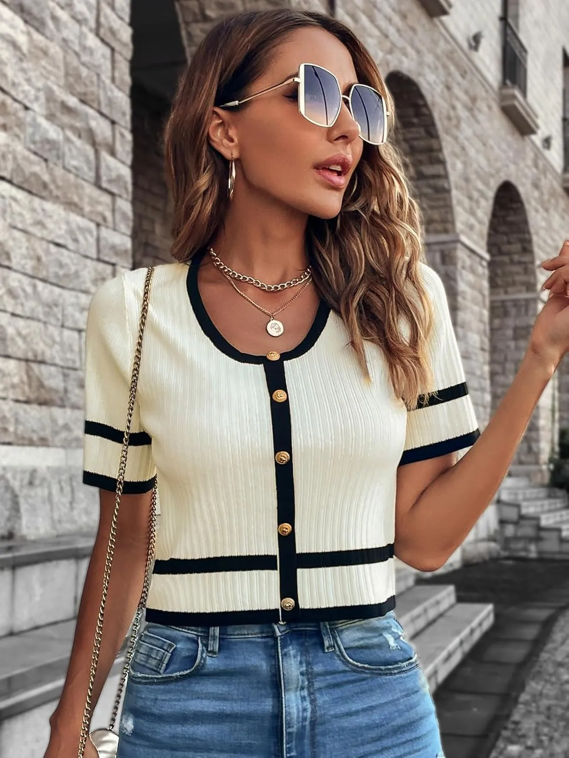 Milumia Women's Striped Button Up Cropped Short Sleeve Knit Tops