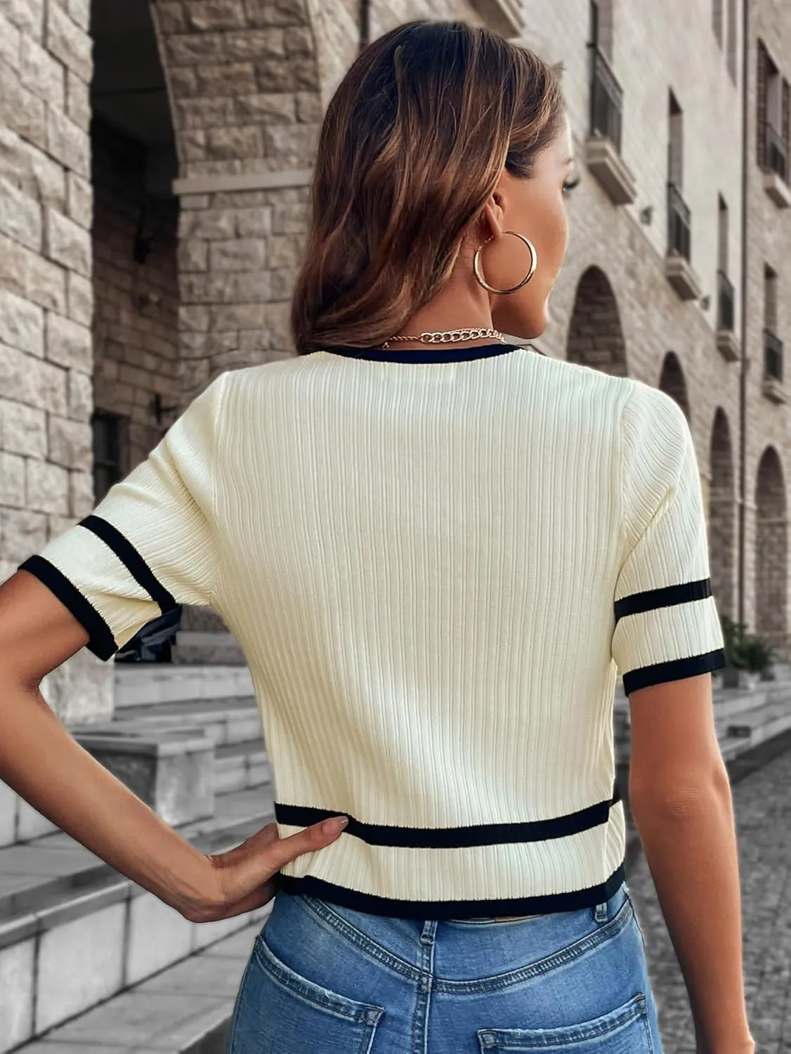 Milumia Women's Striped Button Up Cropped Short Sleeve Knit Tops