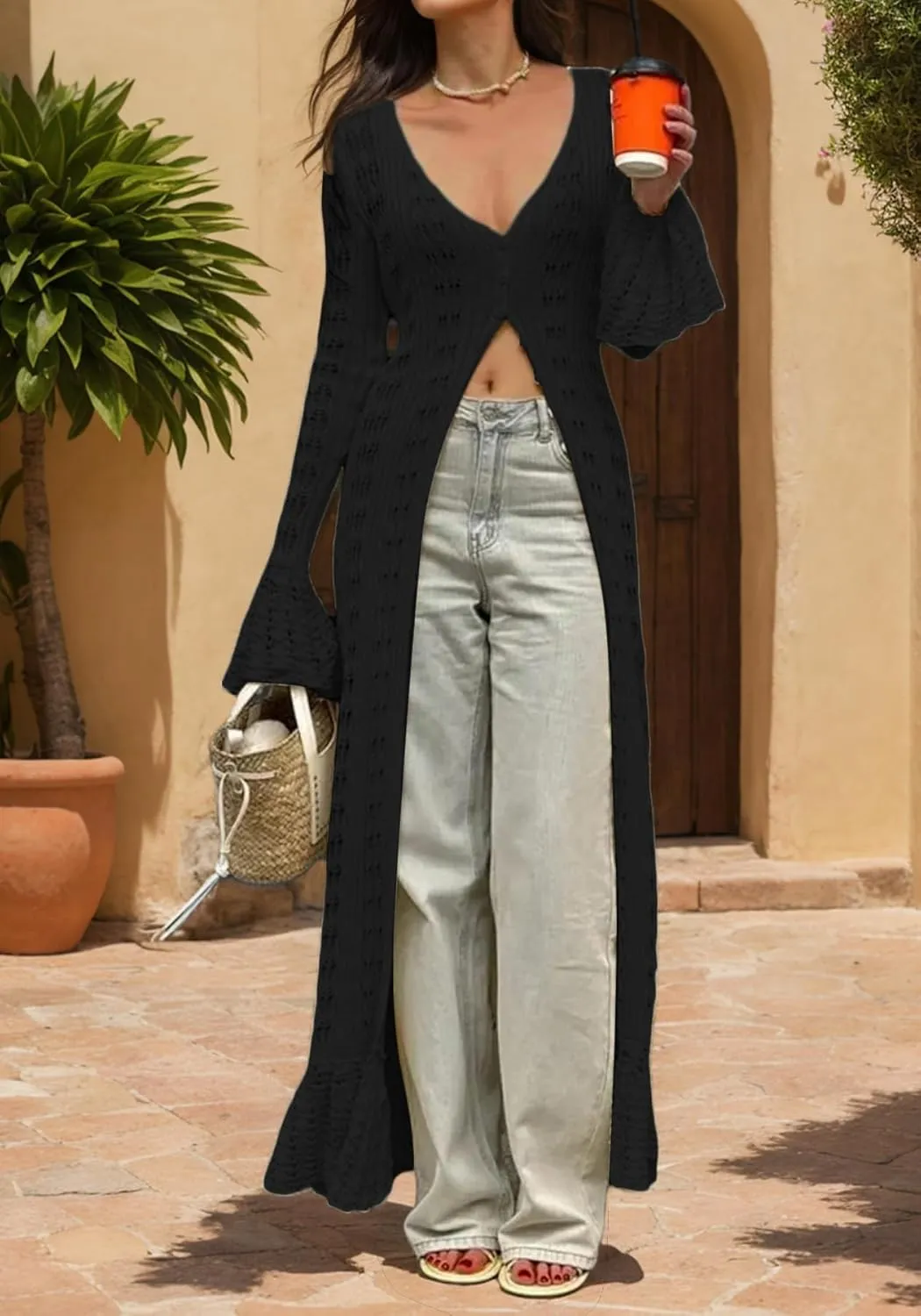 NRTHYE Women Long Crochet Cardigans Button up Knit Hollow Out Elegant Duster Sweaters Cover Up Maxi Dress