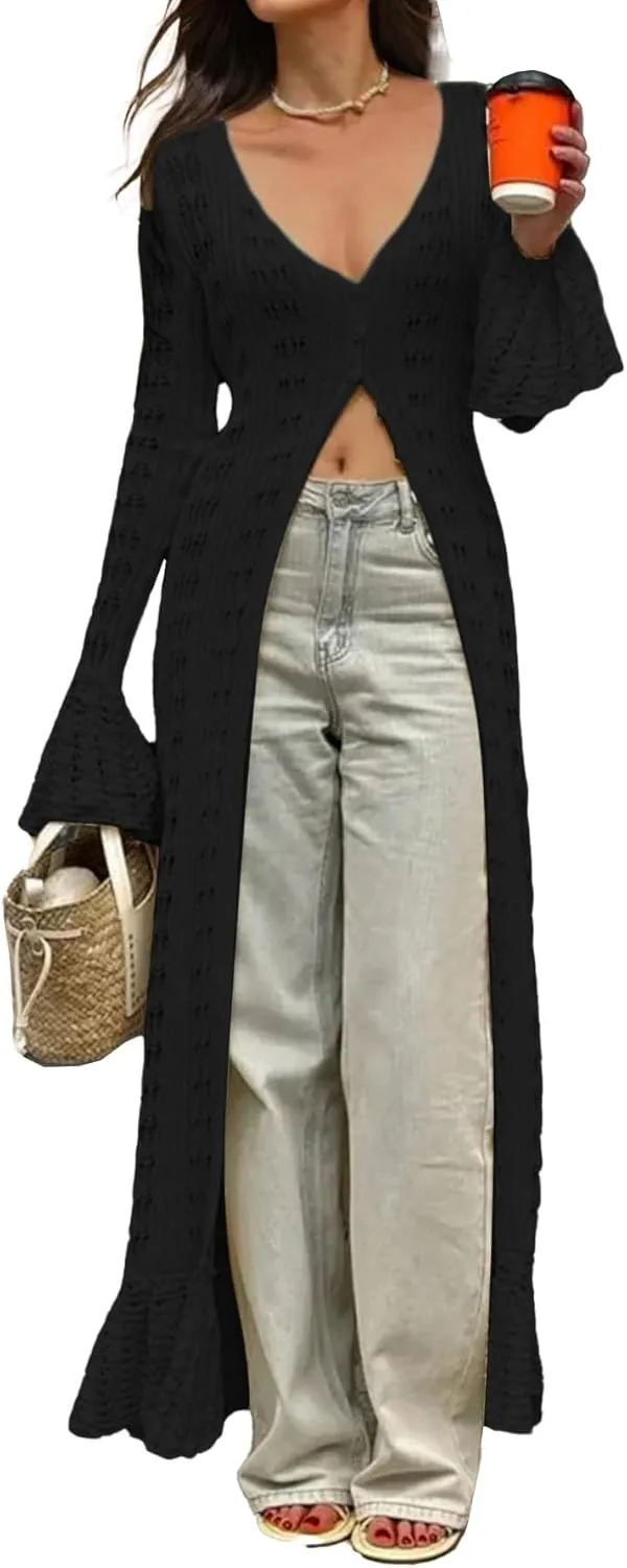 NRTHYE Women Long Crochet Cardigans Button up Knit Hollow Out Elegant Duster Sweaters Cover Up Maxi Dress