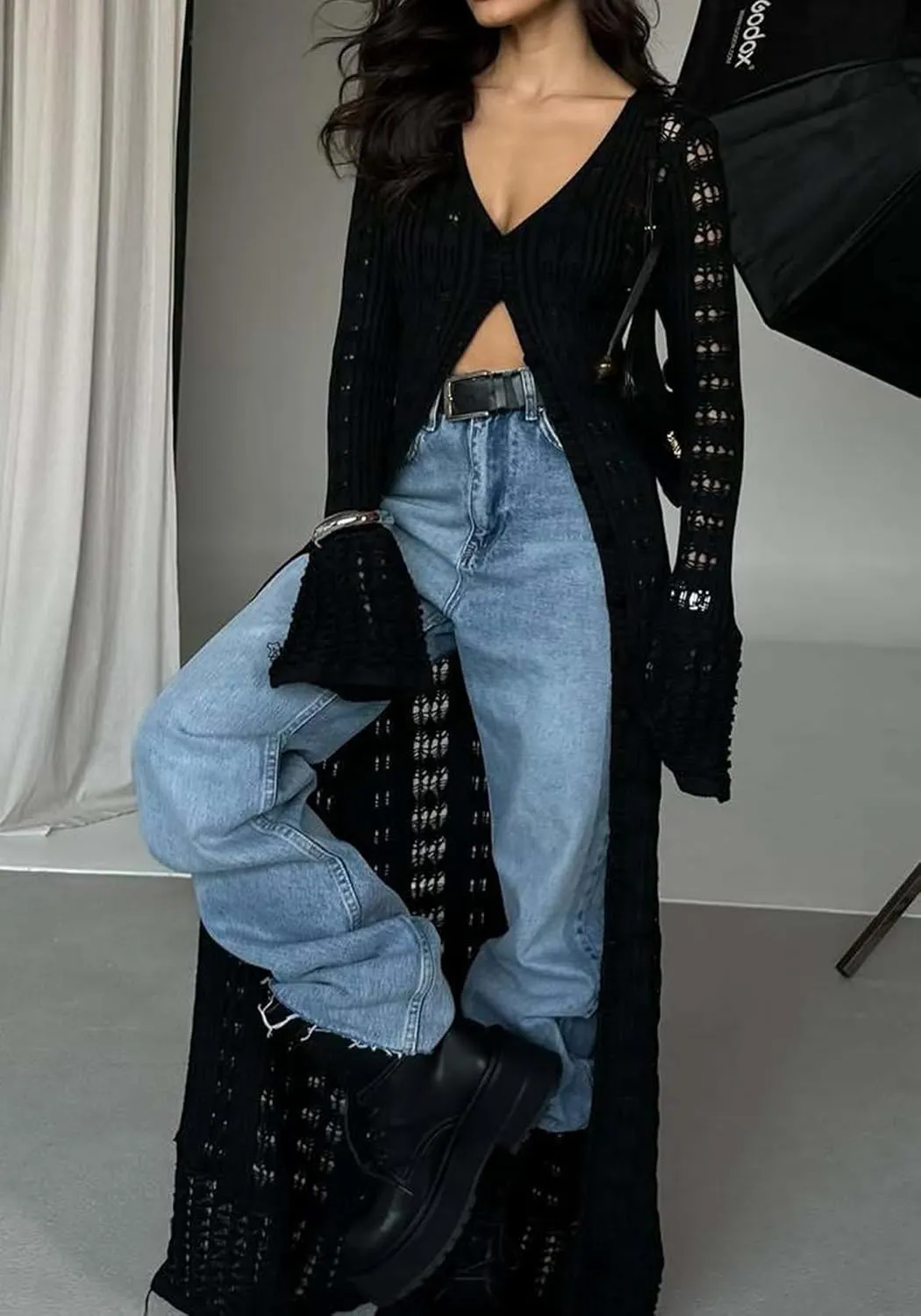 NRTHYE Women Long Crochet Cardigans Button up Knit Hollow Out Elegant Duster Sweaters Cover Up Maxi Dress