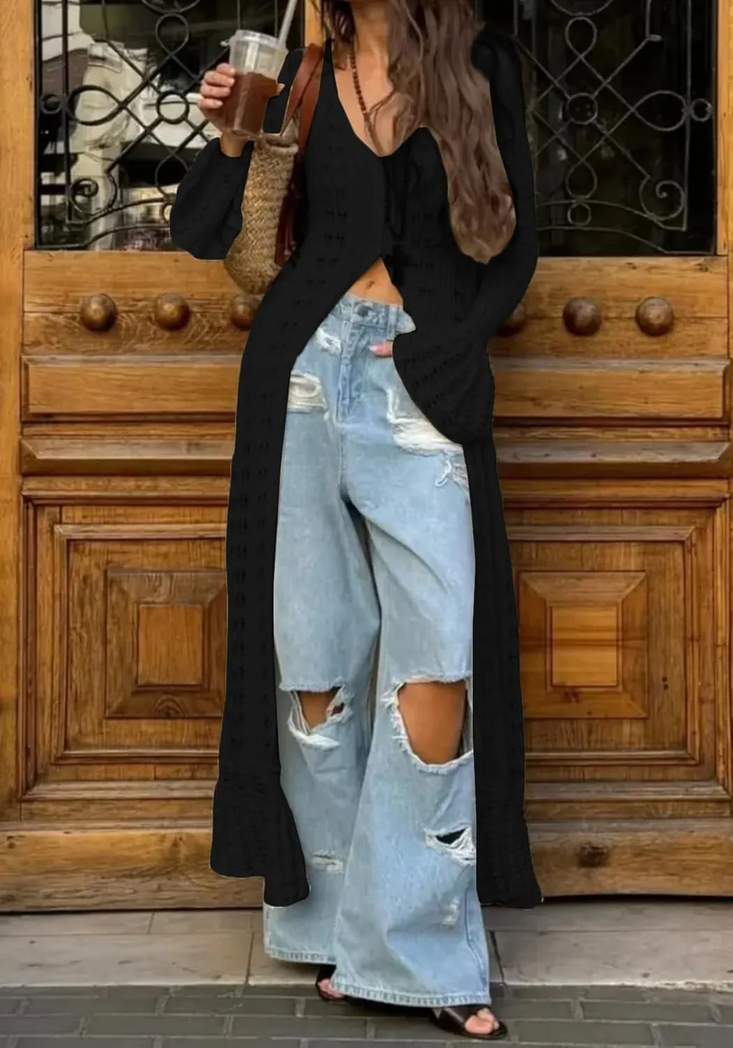 NRTHYE Women Long Crochet Cardigans Button up Knit Hollow Out Elegant Duster Sweaters Cover Up Maxi Dress