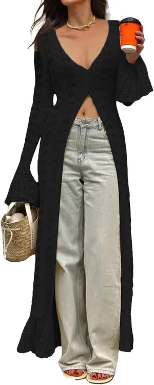 NRTHYE Women Long Crochet Cardigans Button up Knit Hollow Out Elegant Duster Sweaters Cover Up Maxi Dress