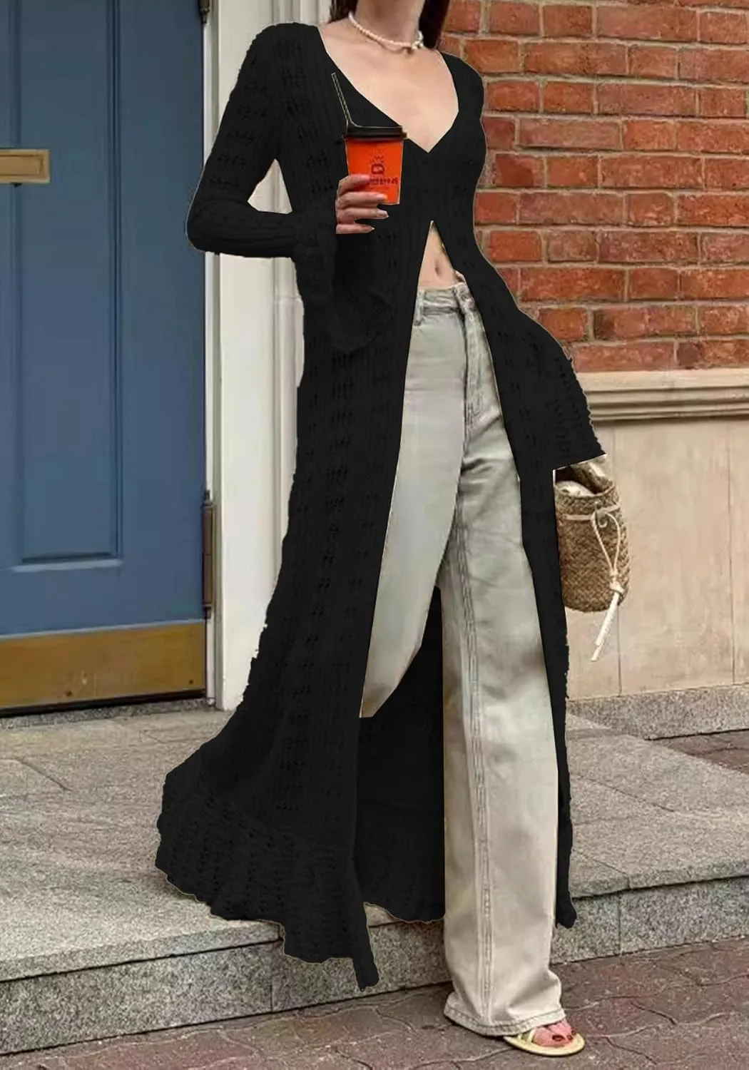 NRTHYE Women Long Crochet Cardigans Button up Knit Hollow Out Elegant Duster Sweaters Cover Up Maxi Dress