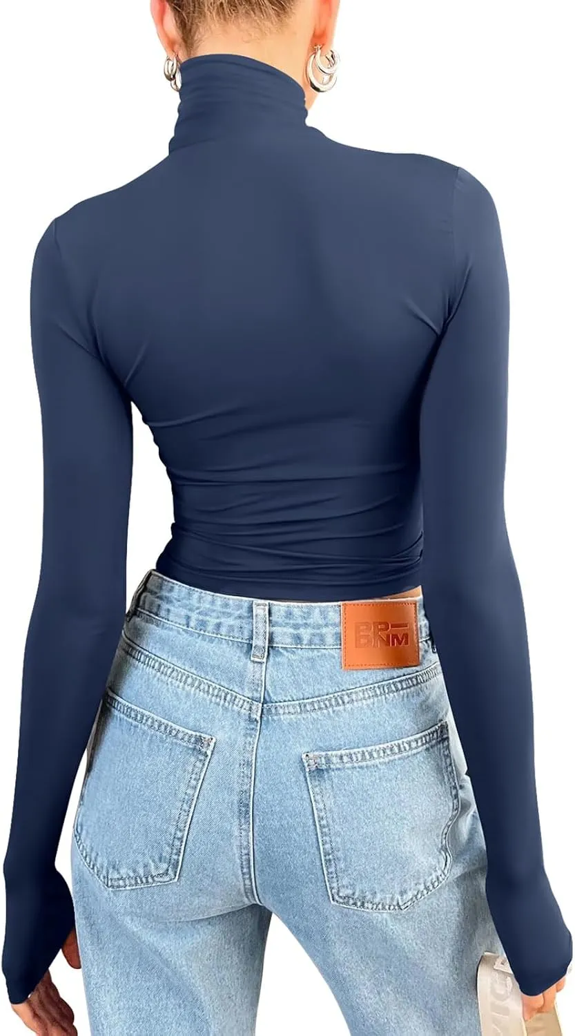 PINKMSTYLE Turtleneck Long Sleeve Tops for Women Fitted Double Lined T Shirts Base Layer Fall Outfits 2024