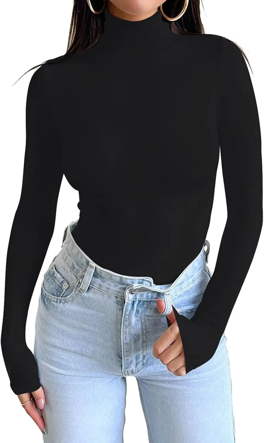 PINKMSTYLE Turtleneck Long Sleeve Tops for Women Fitted Double Lined T Shirts Base Layer Fall Outfits 2024