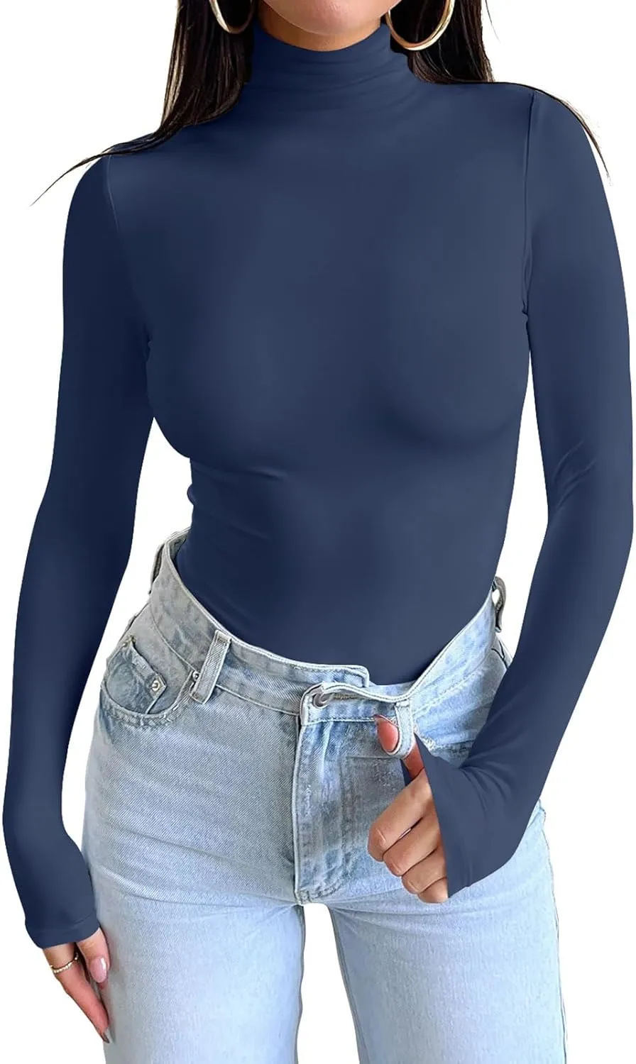 PINKMSTYLE Turtleneck Long Sleeve Tops for Women Fitted Double Lined T Shirts Base Layer Fall Outfits 2024