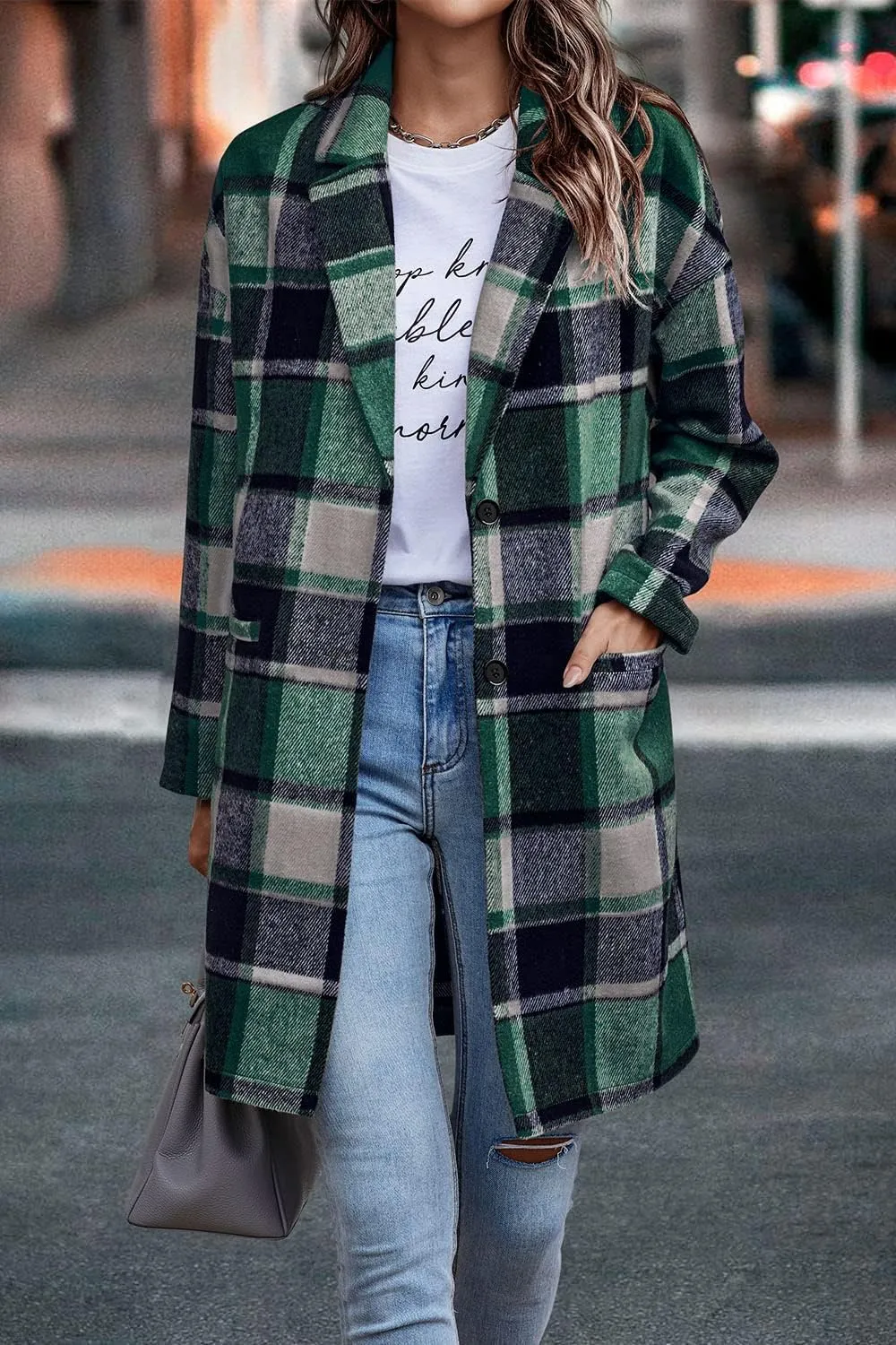 PRETTYGARDEN Women's Plaid Shacket Jacket Trendy Casual Button Wool Blend Winter Tartan Trench Coat with Pockets