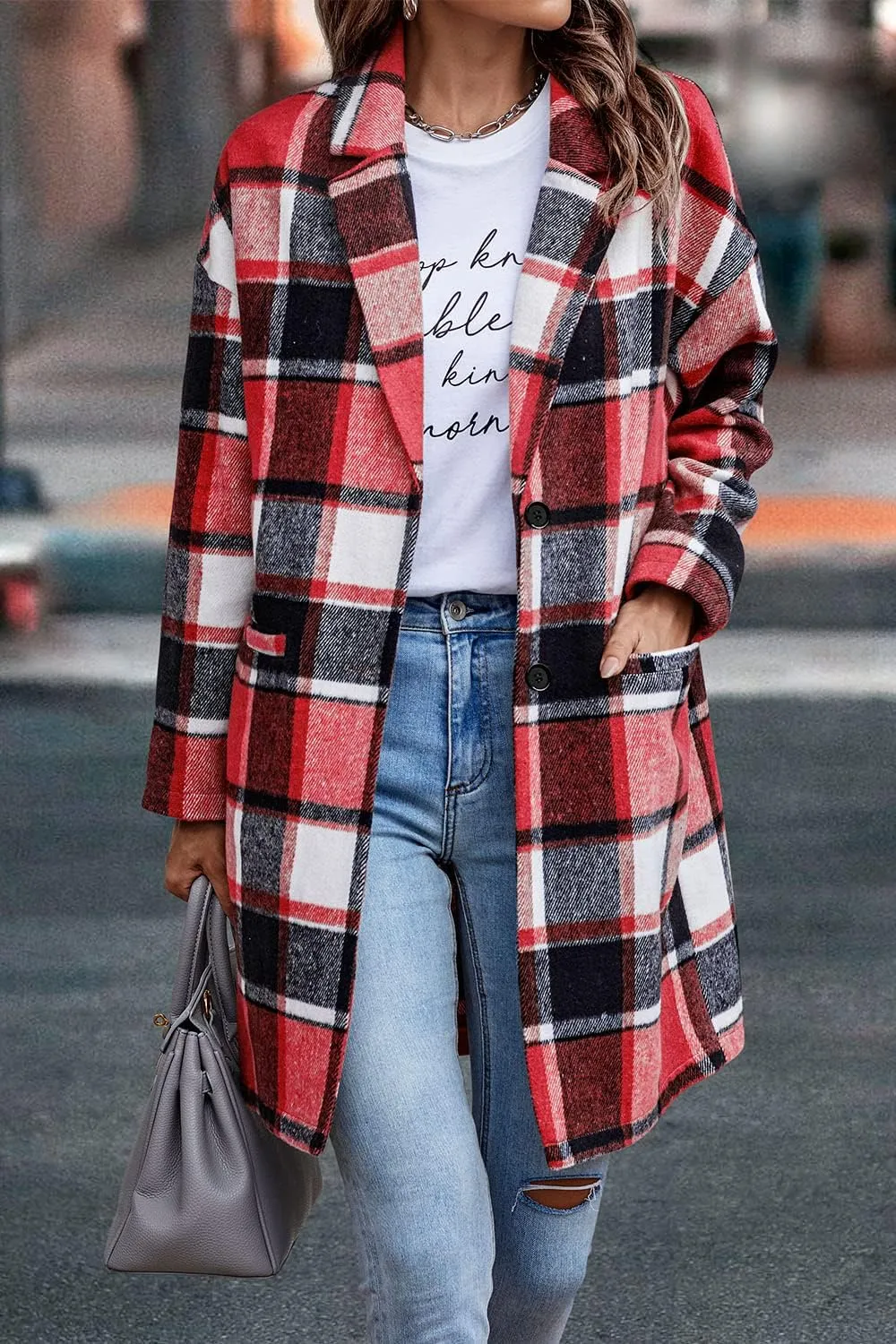 PRETTYGARDEN Women's Plaid Shacket Jacket Trendy Casual Button Wool Blend Winter Tartan Trench Coat with Pockets