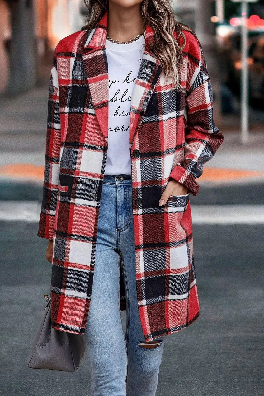 PRETTYGARDEN Women's Plaid Shacket Jacket Trendy Casual Button Wool Blend Winter Tartan Trench Coat with Pockets