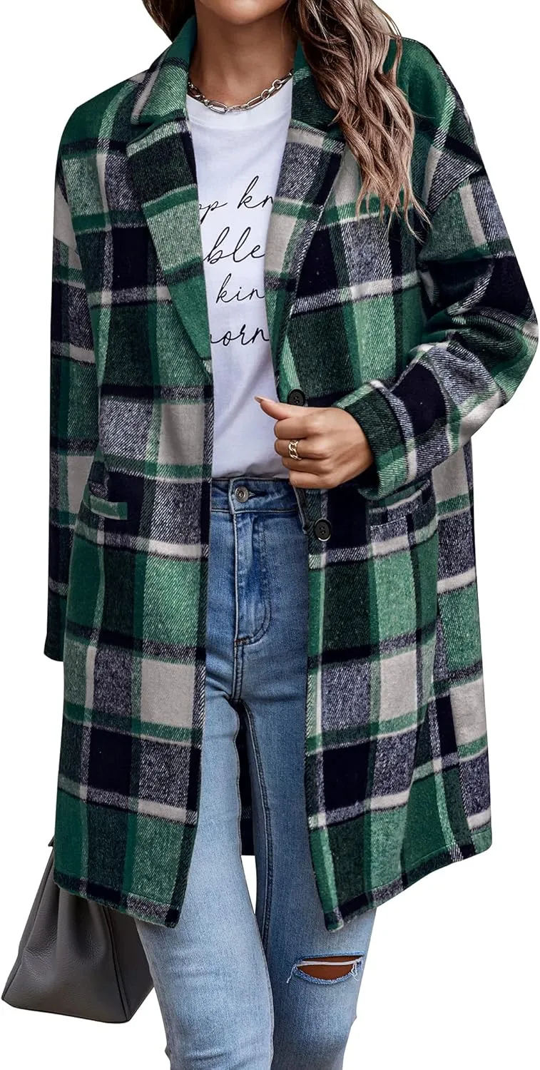 PRETTYGARDEN Women's Plaid Shacket Jacket Trendy Casual Button Wool Blend Winter Tartan Trench Coat with Pockets