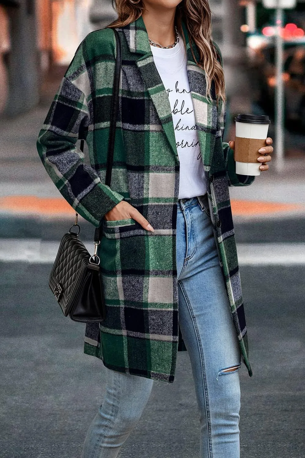 PRETTYGARDEN Women's Plaid Shacket Jacket Trendy Casual Button Wool Blend Winter Tartan Trench Coat with Pockets