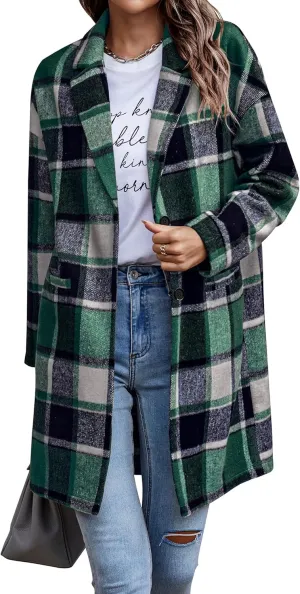 PRETTYGARDEN Women's Plaid Shacket Jacket Trendy Casual Button Wool Blend Winter Tartan Trench Coat with Pockets