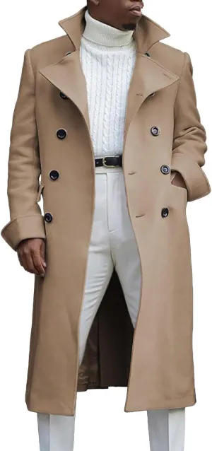 QWENTMTNTY Wool Pea Coats for Men Winter Slim Fit Casual Single Breasted Trench Coat Mid-Length Thermal Business Peacoat