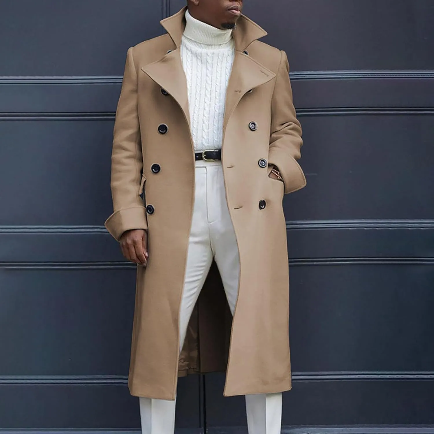 QWENTMTNTY Wool Pea Coats for Men Winter Slim Fit Casual Single Breasted Trench Coat Mid-Length Thermal Business Peacoat