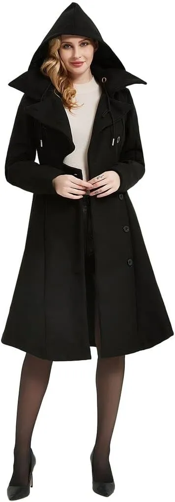QZUnique Long Trench Pea Coat for Women - Wool Winter Trench Coat Goth Lapel Peacoat Outwear Thick Hood Pea Jacket Trenchcoat
