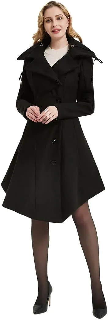 QZUnique Long Trench Pea Coat for Women - Wool Winter Trench Coat Goth Lapel Peacoat Outwear Thick Hood Pea Jacket Trenchcoat