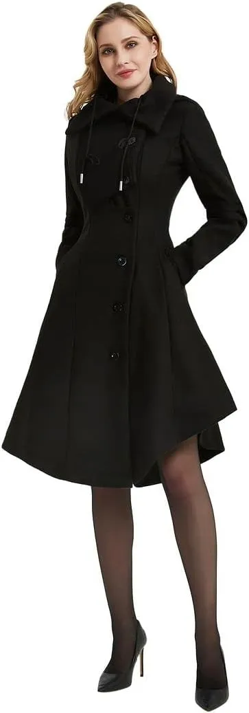 QZUnique Long Trench Pea Coat for Women - Wool Winter Trench Coat Goth Lapel Peacoat Outwear Thick Hood Pea Jacket Trenchcoat