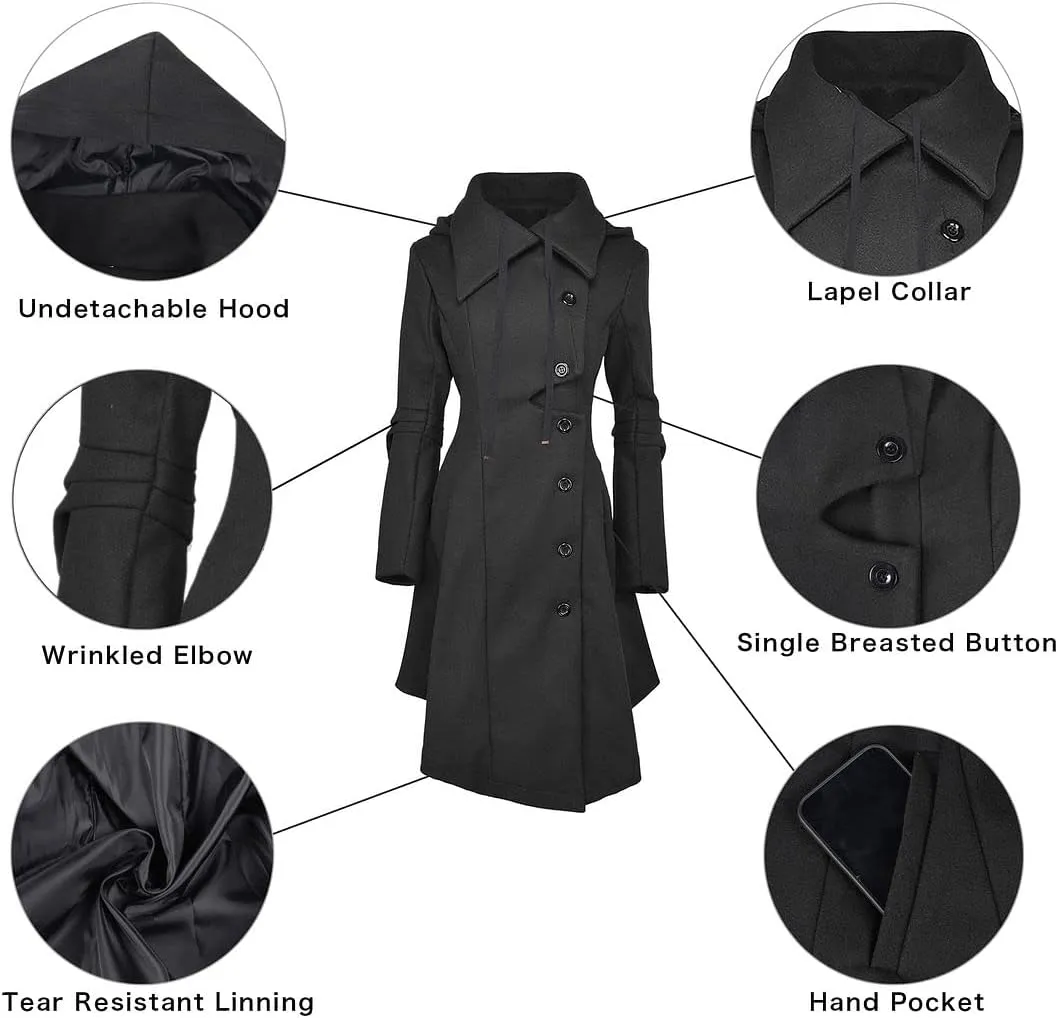 QZUnique Long Trench Pea Coat for Women - Wool Winter Trench Coat Goth Lapel Peacoat Outwear Thick Hood Pea Jacket Trenchcoat