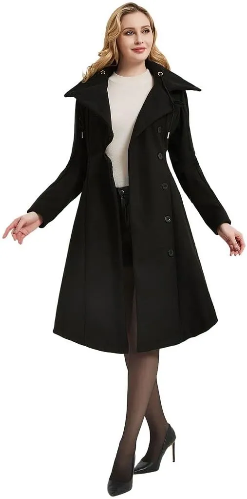 QZUnique Long Trench Pea Coat for Women - Wool Winter Trench Coat Goth Lapel Peacoat Outwear Thick Hood Pea Jacket Trenchcoat