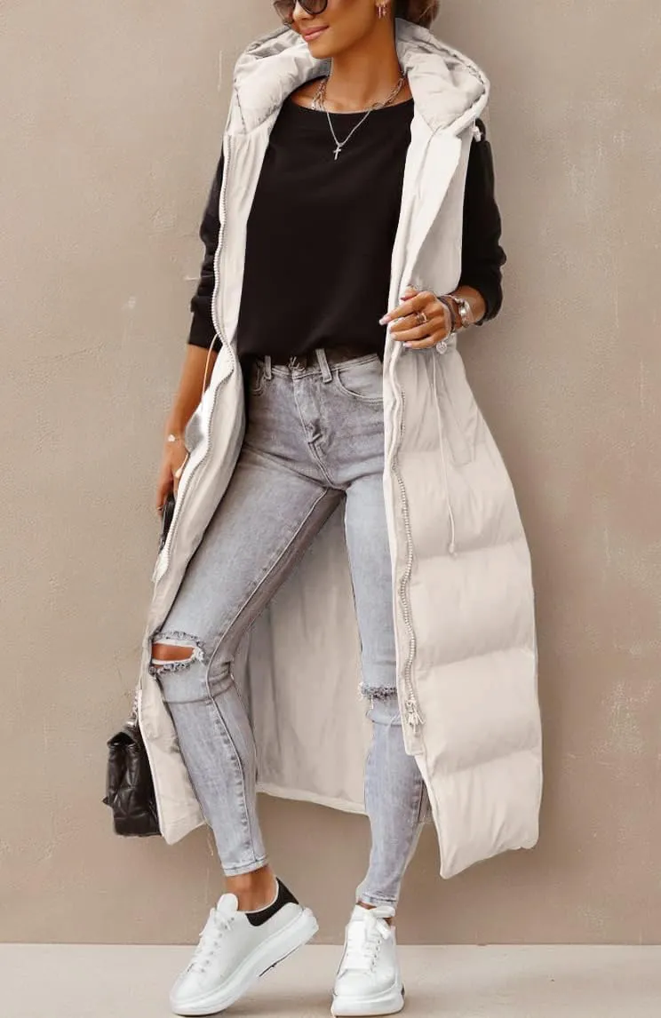 Shanfetl Women's Long Quilted Vest Hooded Maxi Length Sleeveless Puffer Vest Padded Coat Winter Outerwear