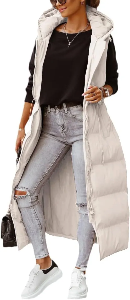 Shanfetl Women's Long Quilted Vest Hooded Maxi Length Sleeveless Puffer Vest Padded Coat Winter Outerwear
