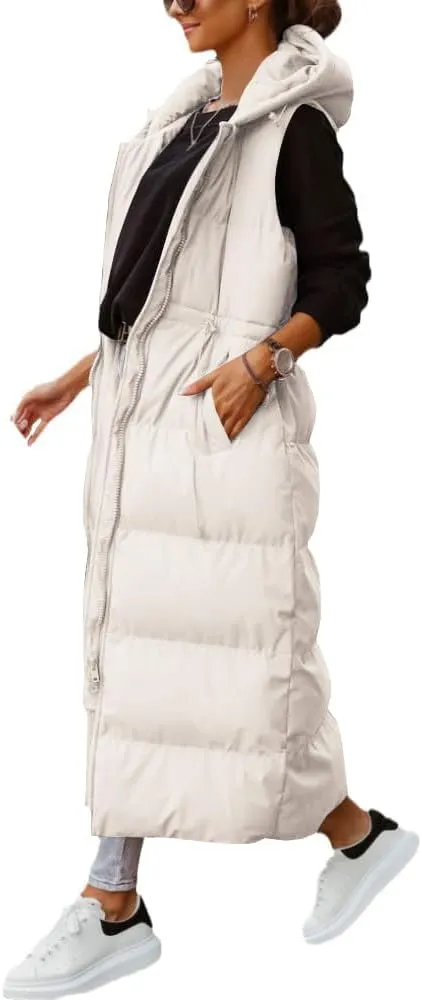 Shanfetl Women's Long Quilted Vest Hooded Maxi Length Sleeveless Puffer Vest Padded Coat Winter Outerwear