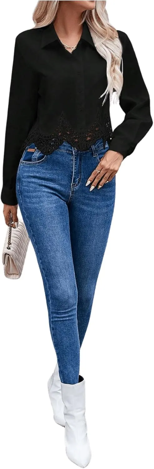 SHENHE Women's Button Up Guipure Lace Trim Long Sleeve Crop Top Shirt Elegant Blouse