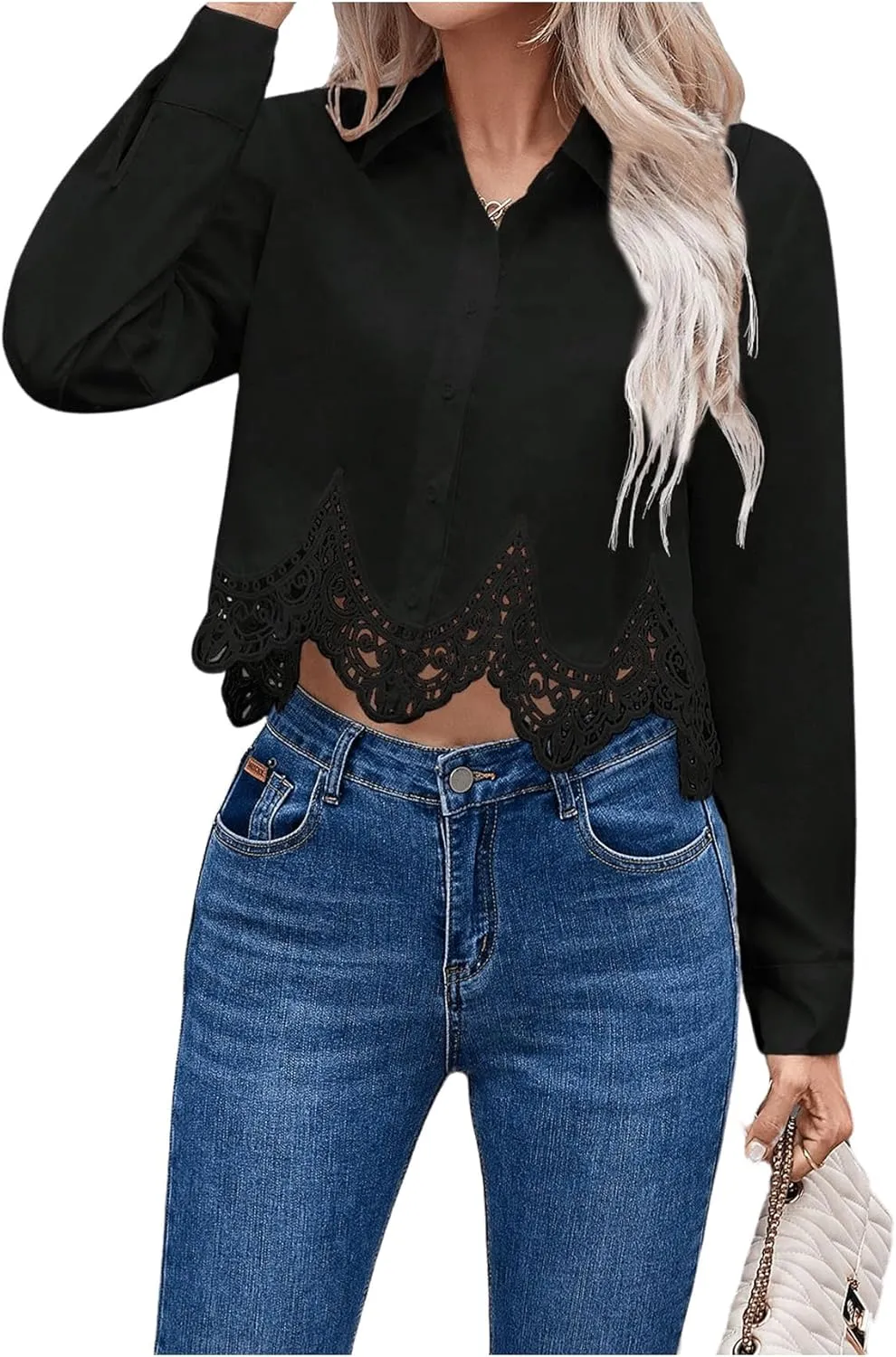 SHENHE Women's Button Up Guipure Lace Trim Long Sleeve Crop Top Shirt Elegant Blouse